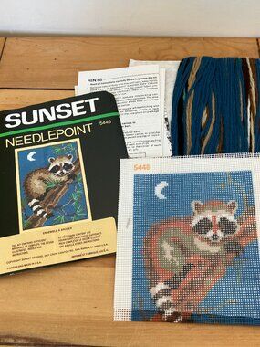 Raccoon by Moonlight Needlepoint Embroidery Kit Sunset Designs 5448 Vintage 1981